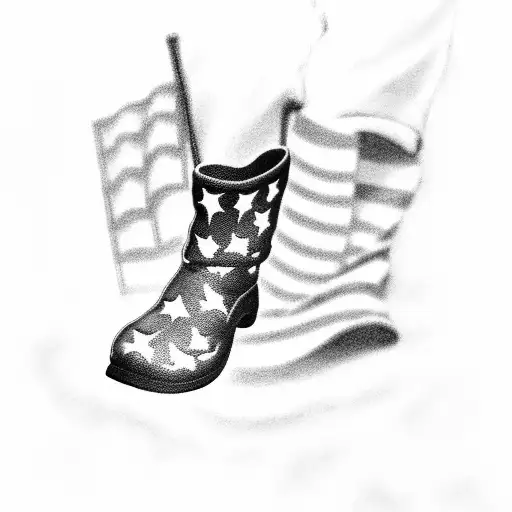 A black-grey tattoo of a veteran's boots walking on a golf course, with the American flag waving in the background tattoo design idea
