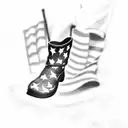 A black-grey tattoo of a veteran's boots walking on a golf course, with the American flag waving in the background tattoo design idea