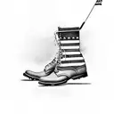 A black-grey tattoo of a veteran's boots walking on a golf course, with the American flag waving in the background tattoo design idea