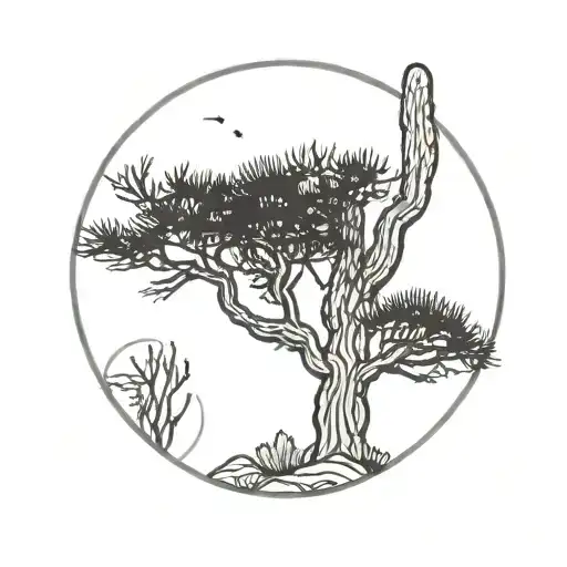 A minimalist black and grey tattoo of a lone Saguaro cactus standing tall under a crescent moon in the night sky tattoo design idea