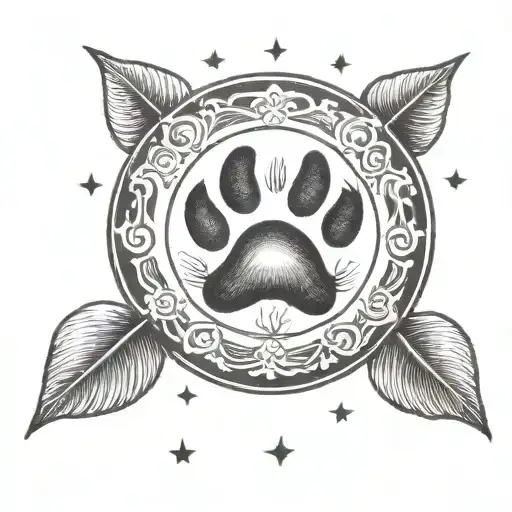 paw print surrounded by sun, moon, and mushroom tattoo design idea