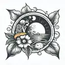 puppy paw print surrounded by sun, moon, and mushroom tattoo design idea