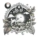 puppy paw print surrounded by sun, moon, and mushroom tattoo design idea