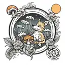 puppy paw print surrounded by sun, moon, and mushroom tattoo design idea