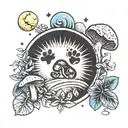 puppy paw print surrounded by sun, moon, and mushroom tattoo design idea