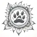 paw print surrounded by sun, moon, and mushroom tattoo design idea