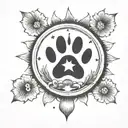 paw print surrounded by sun, moon, and mushroom tattoo design idea