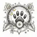 paw print surrounded by sun, moon, and mushroom tattoo design idea