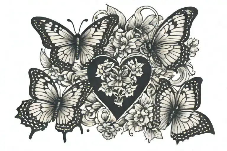heart surrounded by 3 butterflies flying together symbolizing clients kids  tattoo design idea