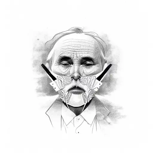 woman face mask broken with old man face underneath tattoo design idea