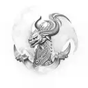 A tattoo of a Nordic mythological creature, like a dragon or a Valkyrie, holding a dumbbell, symbolizing the client's interest in Norse mythology and fitness. tattoo design idea