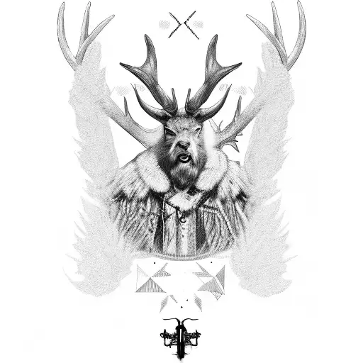 hunt showdown, fur, antlers, bone , occult, religious iconography, feathers, background  tattoo design idea