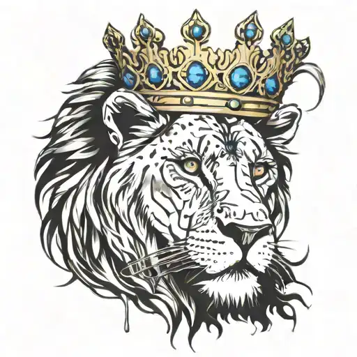 lion with blue eyes and gold crown dripping on eye tattoo design idea