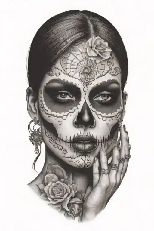 sexy woman day of the dead skull fingers on lips tattoo design idea