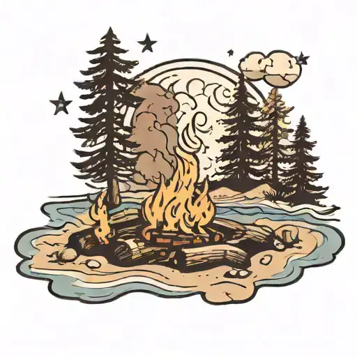 a campfire on a beach in which the mist from the waves and the ashes from the fire are stars with a waxing gibbous moon tattoo design idea