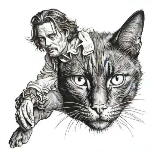 Johnny Depp with a black cat sitting tattoo design idea