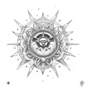Create a dotwork tattoo featuring a mechanical gear surrounded by the 3 stars and a sun tattoo design idea