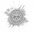Create a dotwork tattoo featuring a mechanical gear surrounded by the 3 stars and a sun tattoo design idea