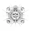 Create a dotwork tattoo featuring a mechanical gear surrounded by the 3 stars and a sun tattoo design idea