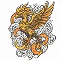 phoenix rising from fire flames left arm sleeve tattoo design idea