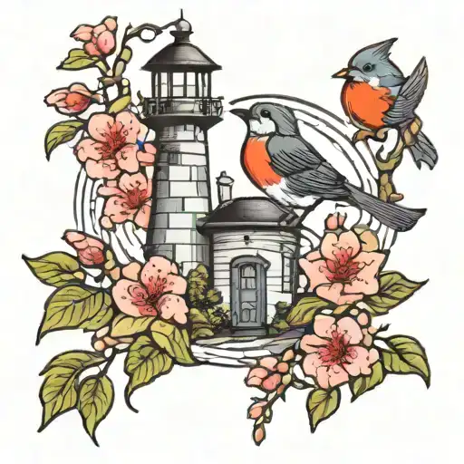 light house apple blossom and robin bird tattoo design idea