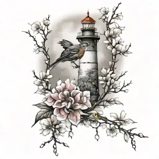light house apple blossom and robin bird tattoo design idea