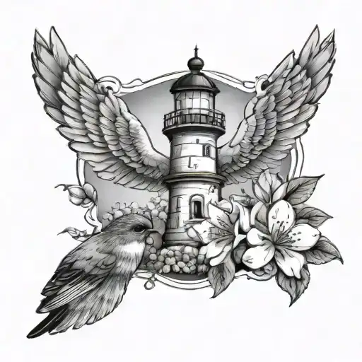 light house apple blossom and robin bird tattoo design idea