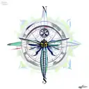 compass with a dragonfly, and a sea turtle tattoo design idea