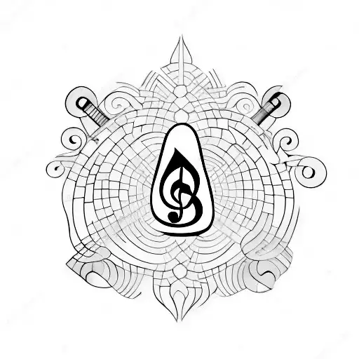 A minimalist tattoo of a rock formation with musical instruments carved into it tattoo design idea