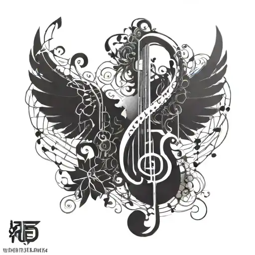 ying iang black a human shadow white musical notes not human beeing, just the shadow, more significant for music tattoo design idea