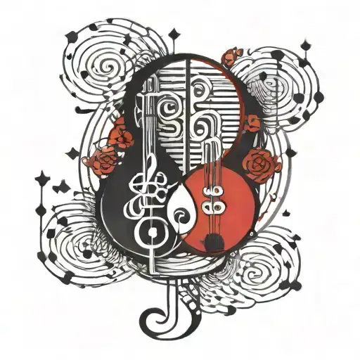 ying and iang white part beeing musical notes and black part beeing a human shadow tattoo design idea