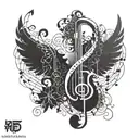 ying iang black a human shadow white musical notes not human beeing, just the shadow, more significant for music tattoo design idea