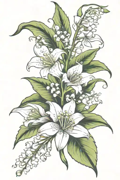 lily of the valley with cosmos, gladiolus and morning glory  tattoo design idea