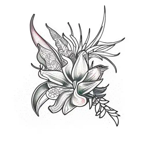 vertical bouquet of orchid, hibiscus, bird of paradise, king protea, geranium and green leaves tattoo design idea