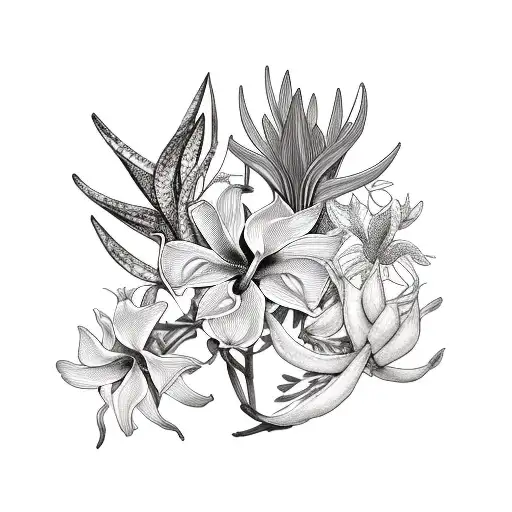 vertical bouquet of orchid, hibiscus, bird of paradise, king protea, geranium and green leaves tattoo design idea
