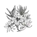 vertical bouquet of orchid, hibiscus, bird of paradise, king protea, geranium and green leaves tattoo design idea
