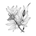 vertical bouquet of orchid, hibiscus, bird of paradise, king protea, geranium and green leaves tattoo design idea