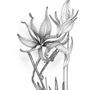 vertical bouquet of orchid, hibiscus, bird of paradise, king protea, geranium and green leaves tattoo design idea