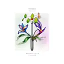 vertical bouquet of orchid, hibiscus, bird of paradise, king protea, geranium and green leaves tattoo design idea