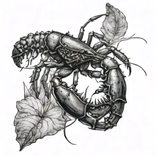 A detailed blackwork design featuring a majestic crayfish surrounded by intricate aquatic plants tattoo design idea
