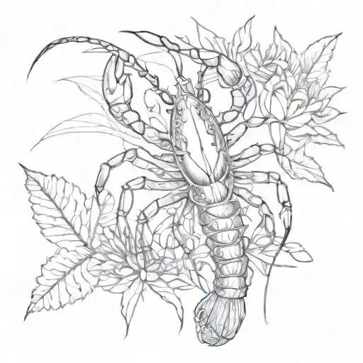 A detailed blackwork design featuring a majestic crayfish surrounded by intricate aquatic plants tattoo design idea