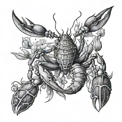 A detailed blackwork design featuring a majestic crayfish surrounded by intricate aquatic plants tattoo design idea