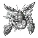 A detailed blackwork design featuring a majestic crayfish surrounded by intricate aquatic plants tattoo design idea