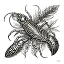 A detailed blackwork design featuring a majestic crayfish surrounded by intricate aquatic plants tattoo design idea