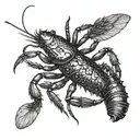 A detailed blackwork design featuring a majestic crayfish surrounded by intricate aquatic plants tattoo design idea