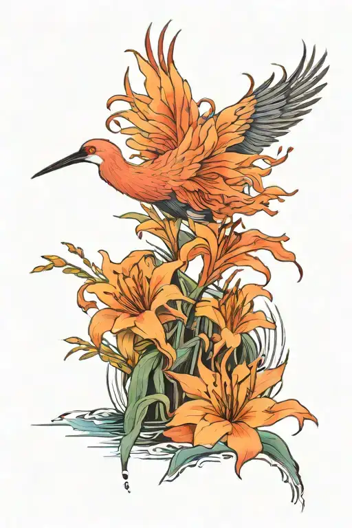 Crane and streams of water with lycoris flowers tattoo design idea