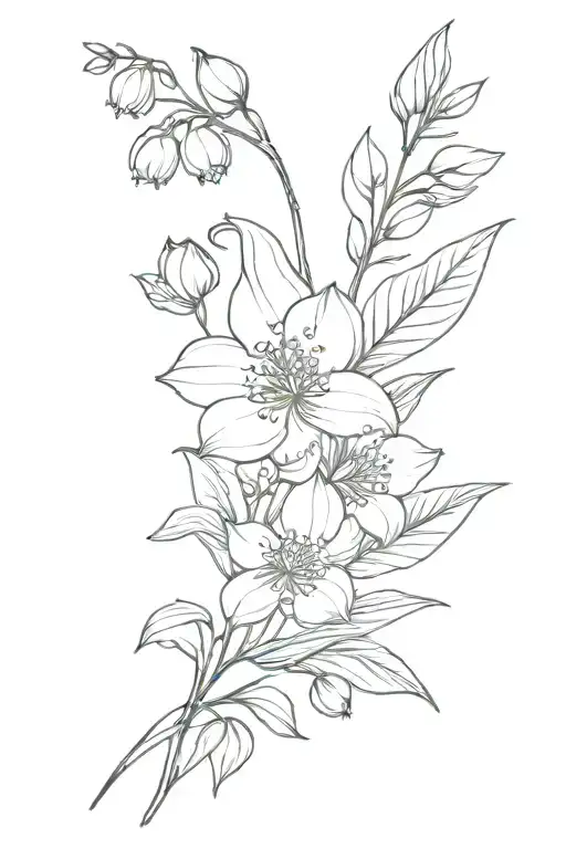 Lily of the valley, hawthorn, peony flowers in sleeve tattoo design idea