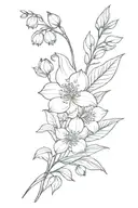 Lily of the valley, hawthorn, peony flowers in sleeve tattoo design idea
