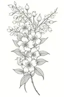 Lily of the valley, hawthorn, peony flowers in sleeve tattoo design idea
