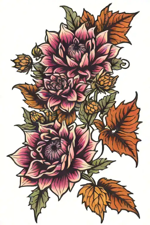 dahlia, maple leaf, thistle, poppy flower tattoo design idea